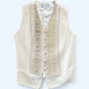 Vintage 1980s Valerie Stevens Embroidered Cream and Gold Wool Vest Size 8